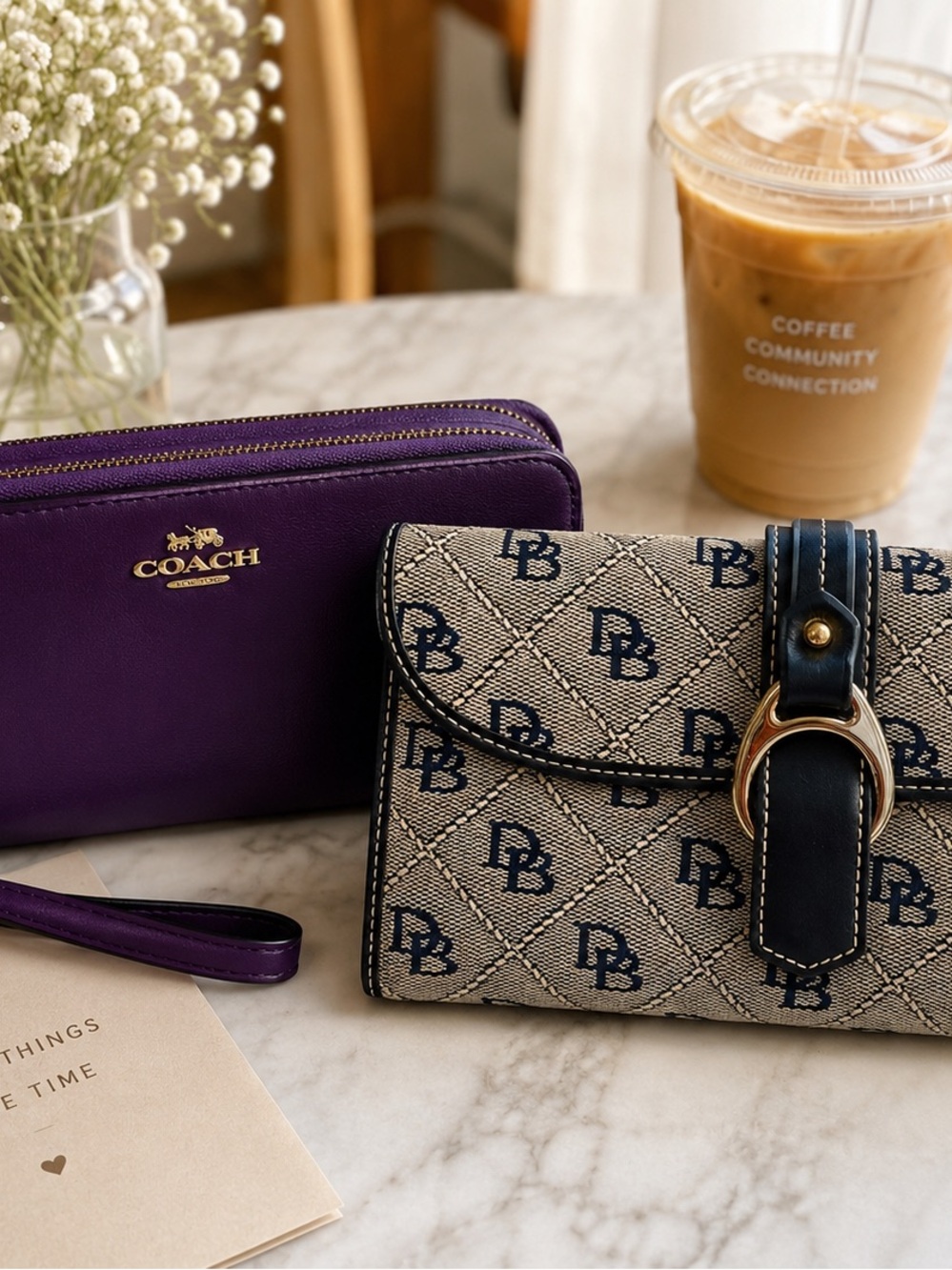 Coach Purple Leather Zip Wallet with Dooney & Bourke Beige Navy Monogram Clutch